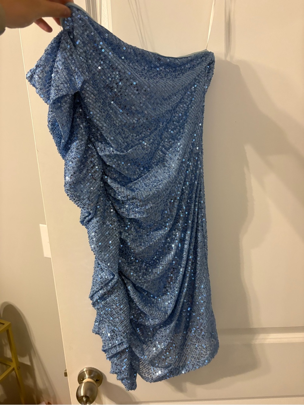 Light Blue Sequin Strapless Ruffle Dress